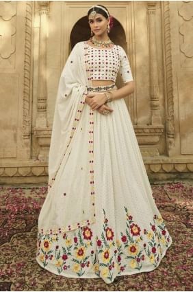 georgette brodée fête blanche lehenga choli avec dupatta LC6063