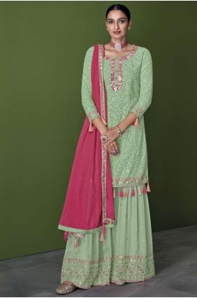 costume pakistanais en fausse georgette brodée en pista avec dupatta SS0907