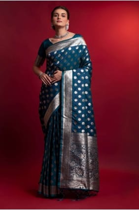 Saris bleu en soie avec tissage SR23258