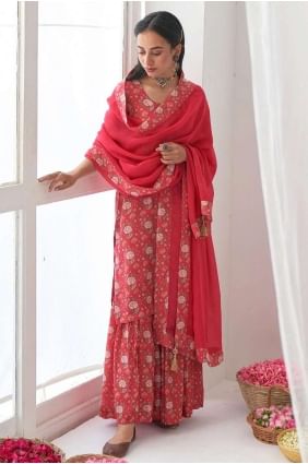 costume sharara rouge en mousseline imprimée SS0911