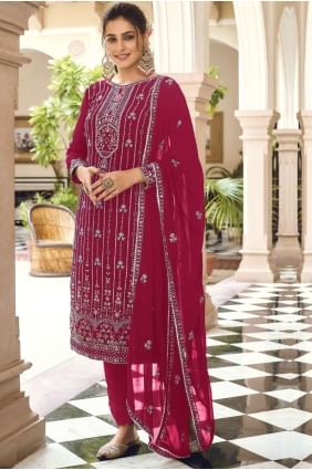 costume pakistanais imprimé en fausse georgette rose avec dupatta SK15179