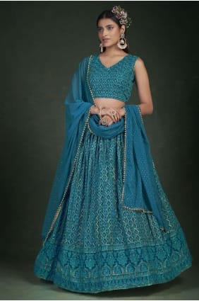 Georgette Party Lehenga Choli en bleu Rama avec broderie LC6087