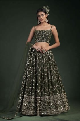 georgette brodé vert partie lehenga choli avec dupatta LC6094