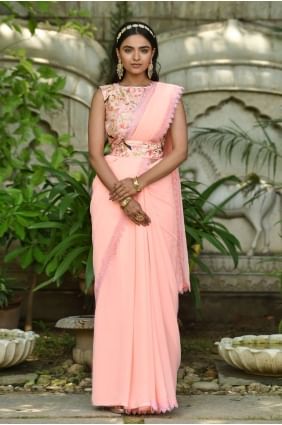 Peach Party Wear Saris avec fil, Georgette brodée SR23301