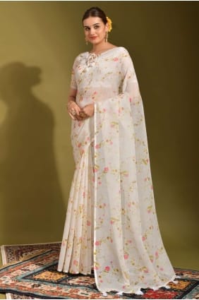 Saris de lin avec imprimé en blanc SR23420