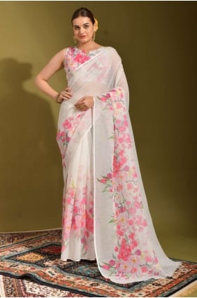 sari blanc avec lin imprimé SR23422