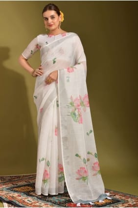 white printed sari in linen SR23424