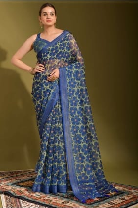 sari bleu avec lin imprimé SR23429