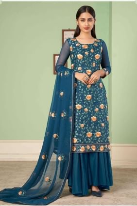 Costume georgette bleu pakistanais brodé PZ3354