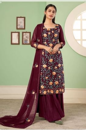 costume pakistanais en georgette brodée bordeaux avec dupatta PZ3357