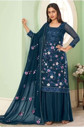 Costume pakistanais brodé bleu en georgette PZ3360