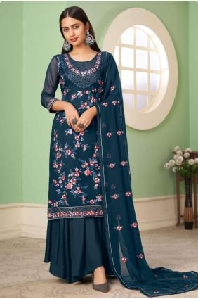 costume pakistanais bleu en georgette brodée PZ3362