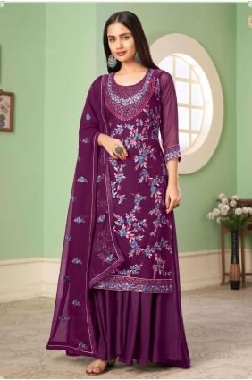 costume pakistanais en georgette violette avec broderies PZ3363
