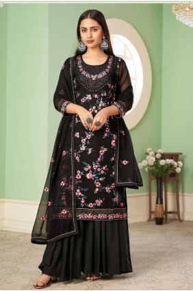 costume pakistanais noir en georgette brodée avec dupatta PZ3364