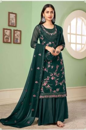 costume pakistanais brodé en georgette verte avec dupatta PZ3365