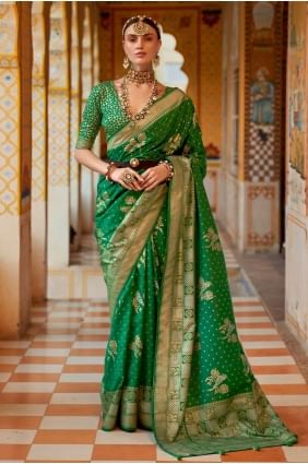 sari en soie verte avec imprimé, tissage SR23495