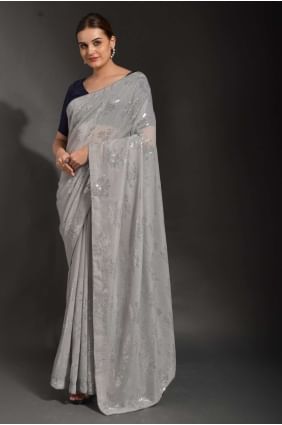 sari gris avec georgette brodée SR23546