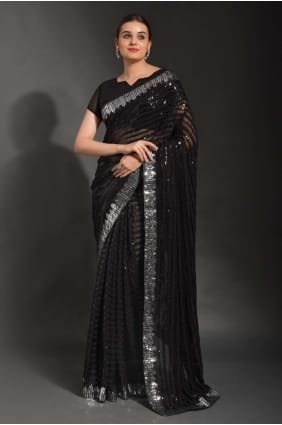 georgette black party wear sari en broderie SR23554
