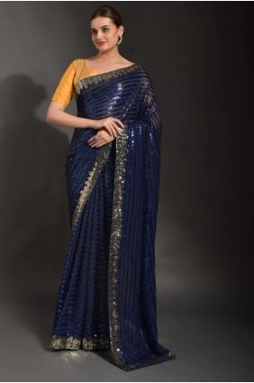 sari bleu en georgette brodée SR23555
