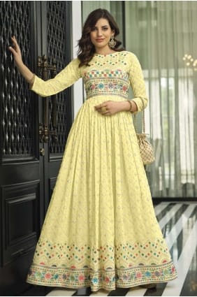 costume anarkali jaune en fausse georgette brodée AS3322