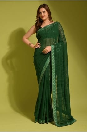 sari de soirée vert brodé en georgette SR23582