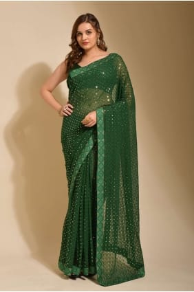 Saris de soirée vert en georgette brodée, bordure en dentelle SR23583