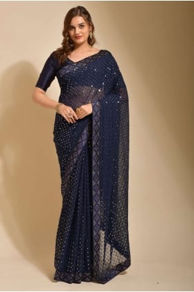 Georgette Party Wear Saris avec broderie, bordure en dentelle en bleu SR23584