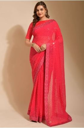 sari de soirée rose en georgette avec bordure en dentelle brodée SR23585
