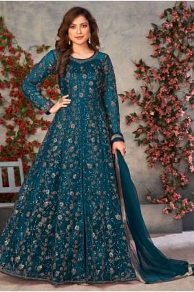 costume anarkali brodé en filet bleu sarcelle avec dupatta AS3324