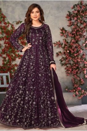Costume Anarkali filet souple brodé en violet AS3325