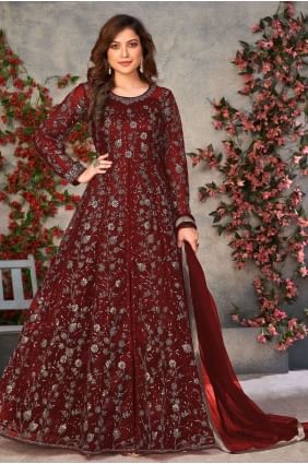 Costume marron Anarkali en filet souple brodé AS3326