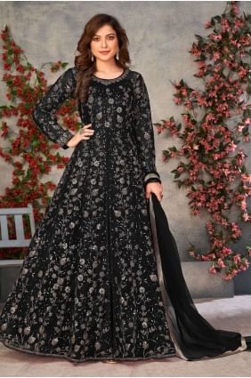 costume anarkali en filet doux brodé en noir AS3327