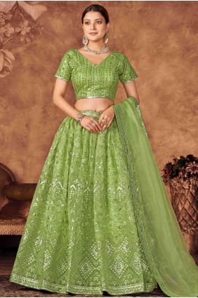 fête brodée en organza vert lehenga choli avec dupatta LC6196