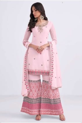 costume palazzo en georgette rose clair avec broderies PZ3385