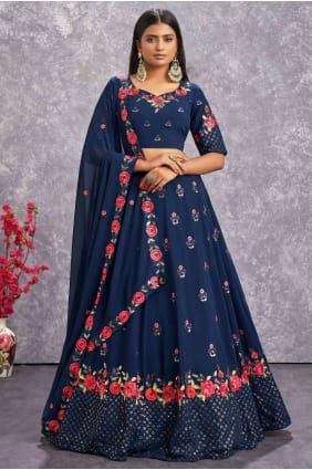 choli lehenga bleu sarcelle en georgette brodé LC6221