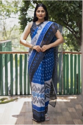 Saris d’impression numérique en coton bleu SR23728