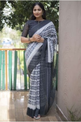 sari en coton blanc avec impression numérique SR23736