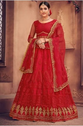 filet rouge brodé mariage lehenga choli avec dupatta LC6254