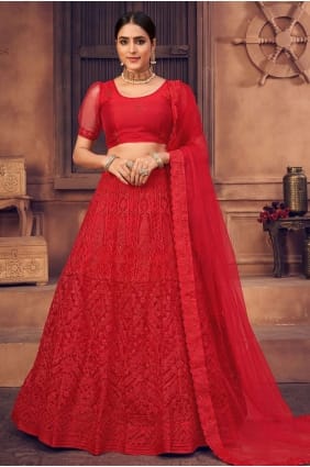 mariage rouge lehenga choli en filet avec brodé LC6256