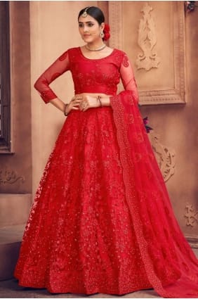 filet de mariage lehenga choli en rouge avec brodé LC6257
