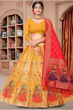 Lehenga Choli jaune en soie de tissage LC6262