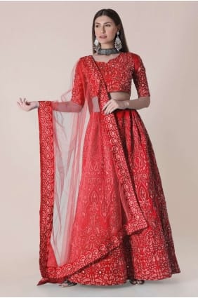 taffetas brodé rouge parti lehenga choli avec dupatta LC6268