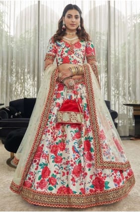 choli lehenga de mariage rouge avec soie d'art à impression numérique LC6282