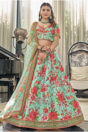 lehenga choli de mariage en soie d'art vert avec impression numérique LC6284