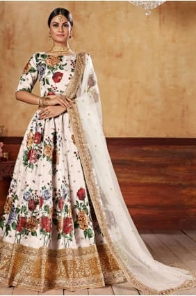 crème Lehenga Choli en soie d’art avec impression numérique LC6342