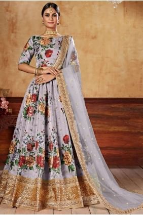 choli lehenga gris avec soie d'art à impression numérique LC6345