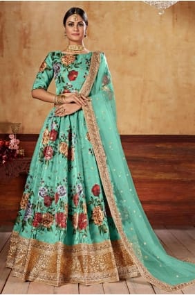 impression numérique art soie vert de mer lehenga choli avec dupatta LC6346