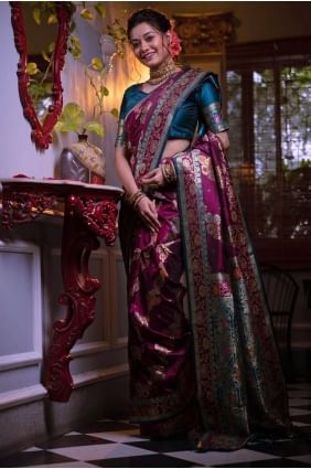 Tissage Banarasi Silk Wine Banarasi Saris avec chemisier SR23831