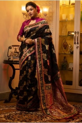 sari banarasi noir avec tissage de soie banarasi SR23833