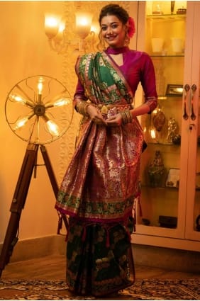 Banarasi Saree En Soie Banarasi Verte Avec Tissage SR23834